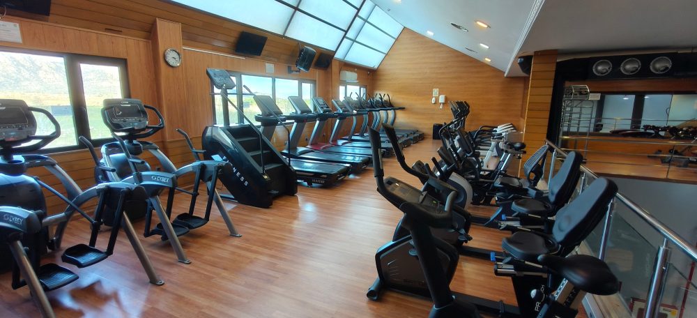 Gimnasio moderno con varias máquinas de ejercicio y grandes ventanas iluminando el espacio.